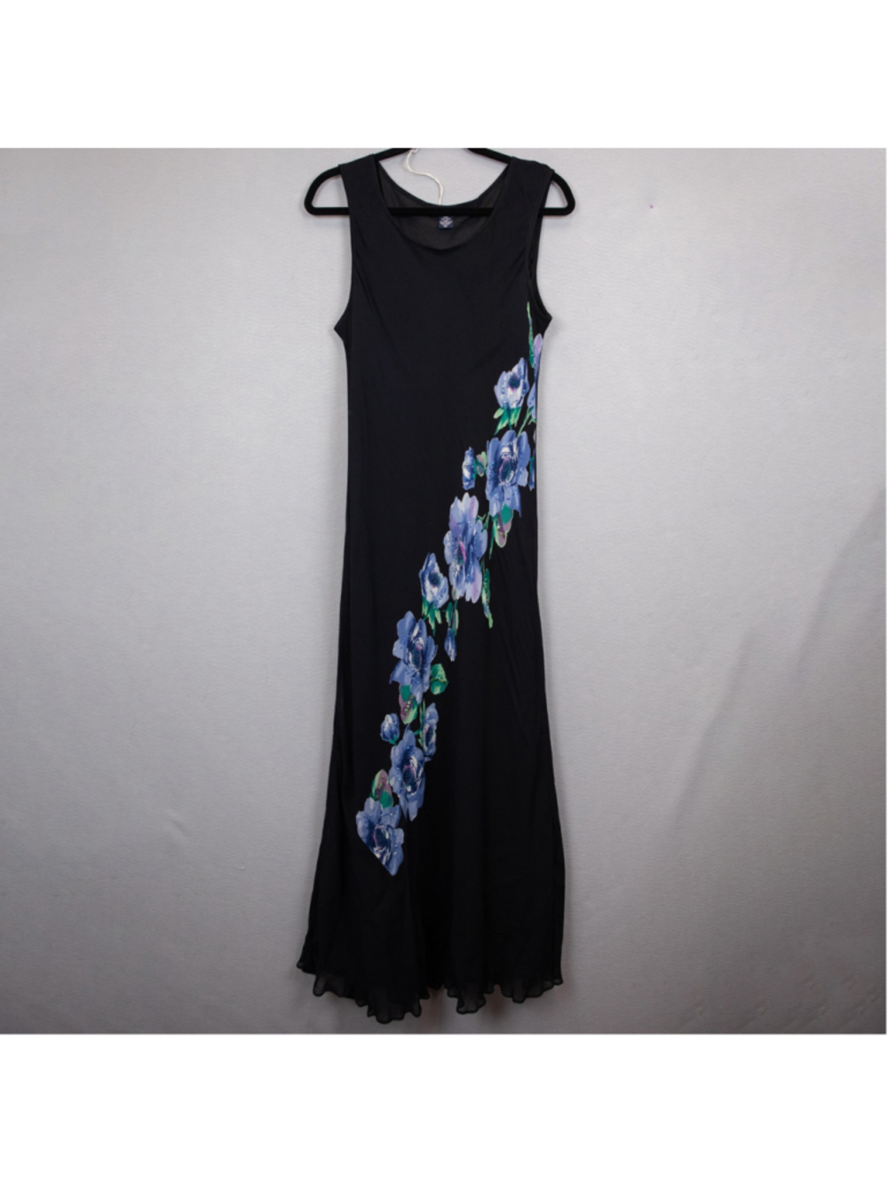 Y2K Glamour Angel black blue floral sleeveless slip midi dress-1X